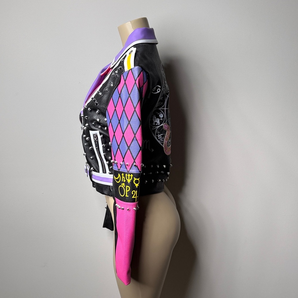 Studded Black Leather Biker Jacket with Pink & Purple Colorblock - Picture 4 of 8